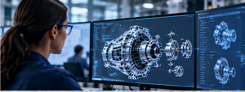 Engineer working with an exploded CAD assembly